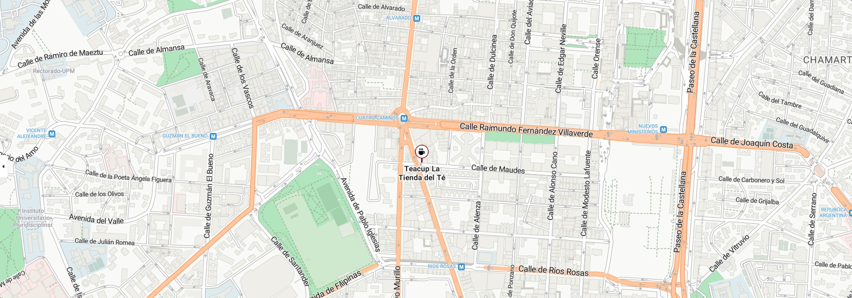 Localización de la tienda de Té Teacup en Chamberí, Madrid. Estación de metro Cuatro Caminos